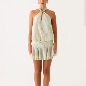 Peppermayo Pastel Green Halter Mini Dress with Floral Print